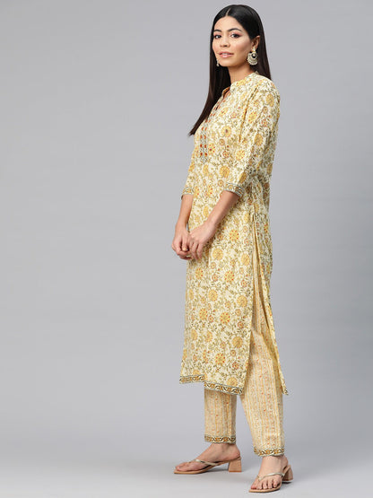 Straight Style Cotton Fabric Cream Color Printed Kurti With Palazzo And Dupatta With Lace Work