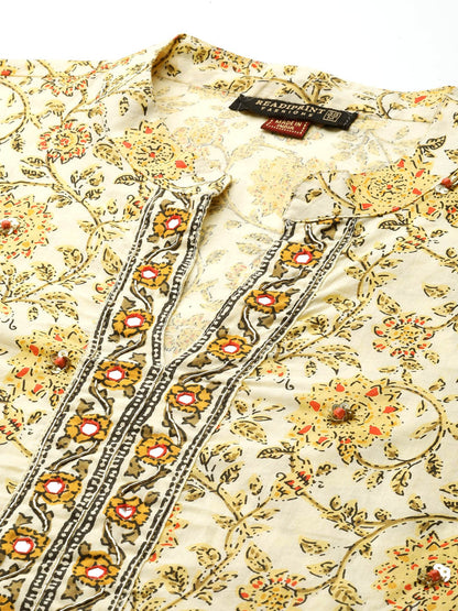 Straight Style Cotton Fabric Cream Color Printed Kurti With Palazzo And Dupatta With Lace Work