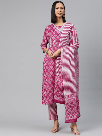 Straight Style Cotton Fabric Pink Color Printed Kurti With Palazzo And Dupatta With Printed Work