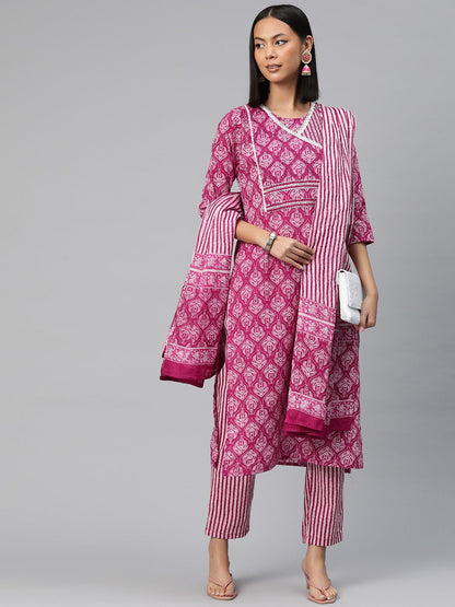 Straight Style Cotton Fabric Pink Color Printed Kurti With Palazzo And Dupatta With Printed Work