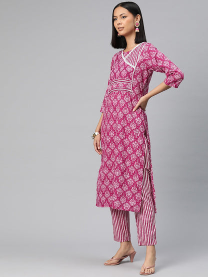 Straight Style Cotton Fabric Pink Color Printed Kurti With Palazzo And Dupatta With Printed Work