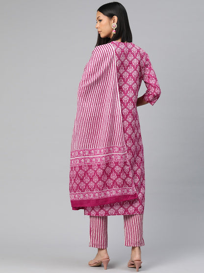 Straight Style Cotton Fabric Pink Color Printed Kurti With Palazzo And Dupatta With Printed Work