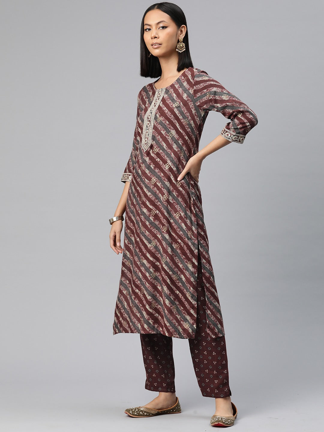 Straight Style Cotton Fabric Violet Color Printed Kurti With Palazzo And Dupatta With Printed Work