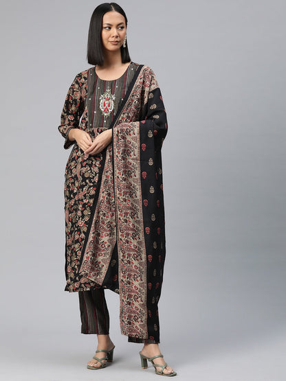 Straight Style Silk Fabric Black Color Floral Printed Kurti With Palazzo And Dupatta With Beads Work