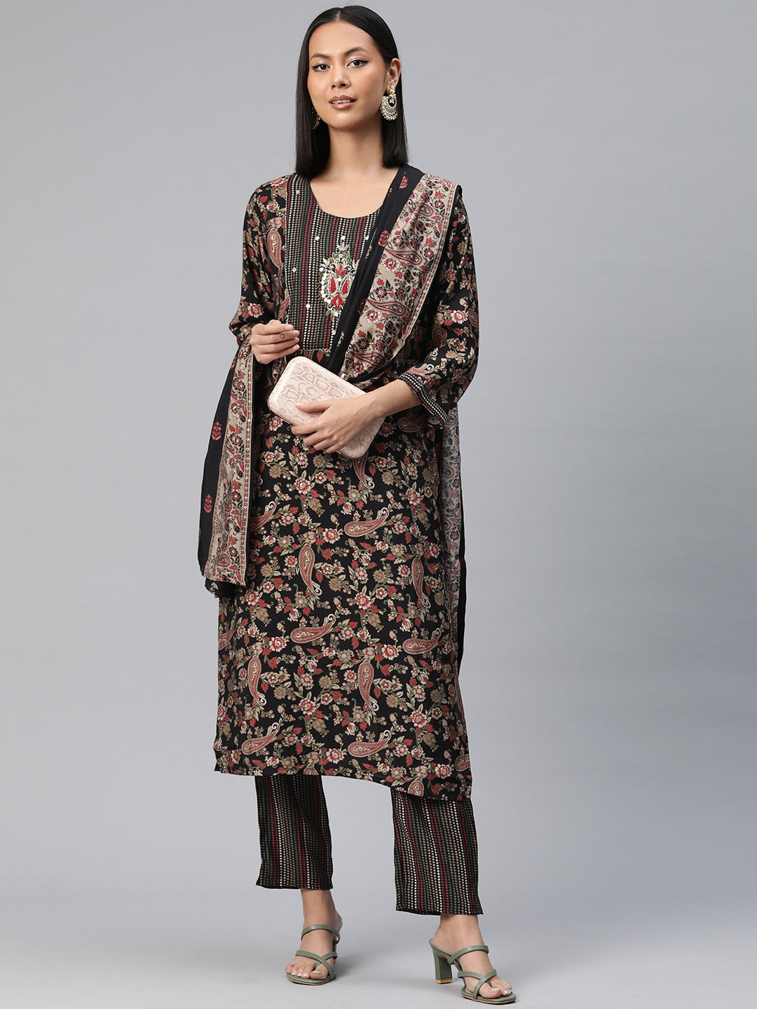 Straight Style Silk Fabric Black Color Floral Printed Kurti With Palazzo And Dupatta With Beads Work