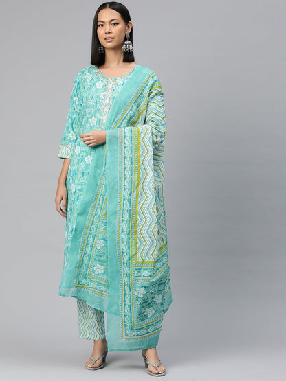 Straight Style Cotton Fabric Turquoise Blue Color Printed Kurti With Palazzo And Dupatta With Printed Work