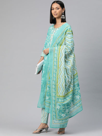 Straight Style Cotton Fabric Turquoise Blue Color Printed Kurti With Palazzo And Dupatta With Printed Work