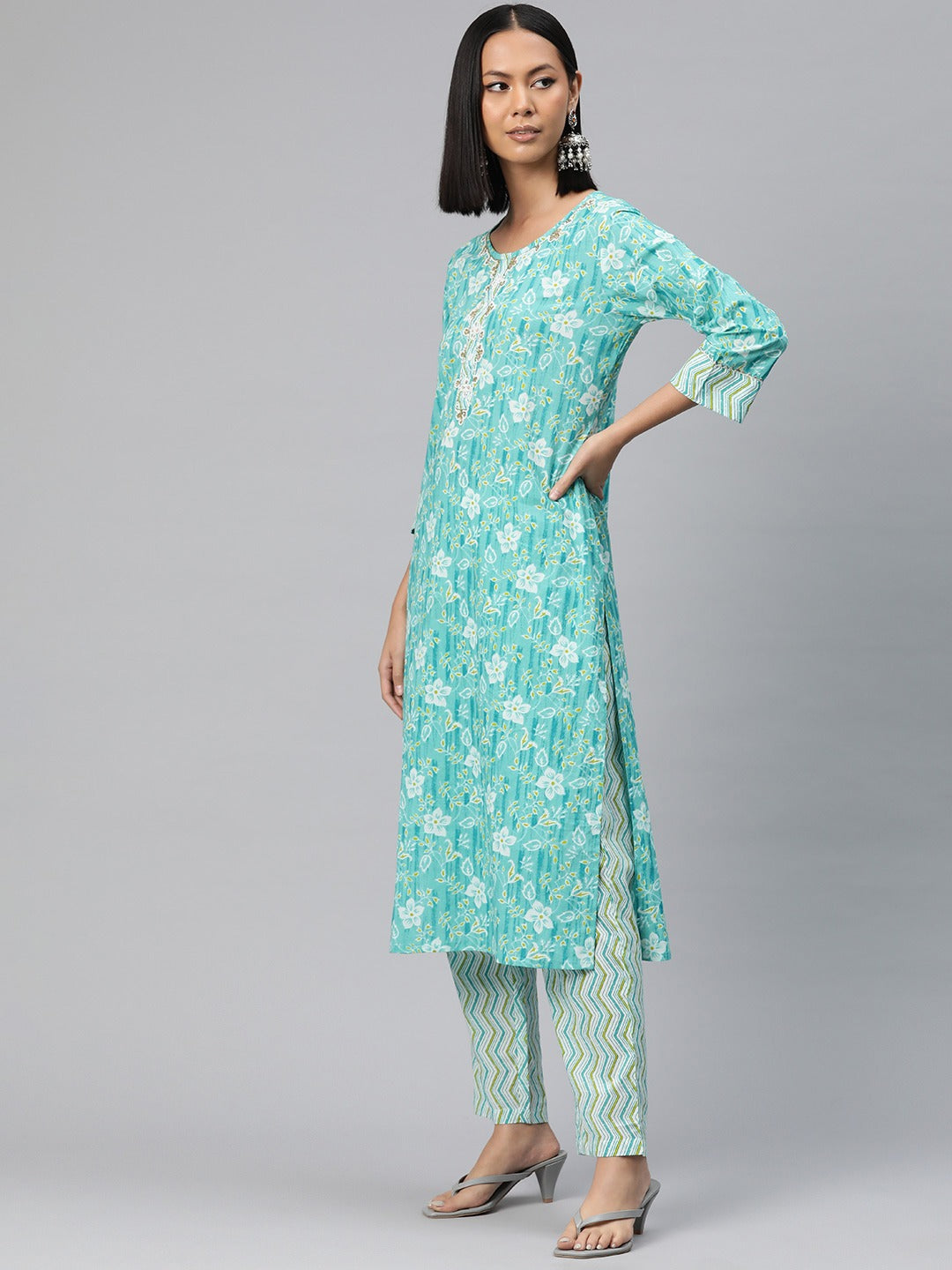 Straight Style Cotton Fabric Turquoise Blue Color Printed Kurti With Palazzo And Dupatta With Printed Work