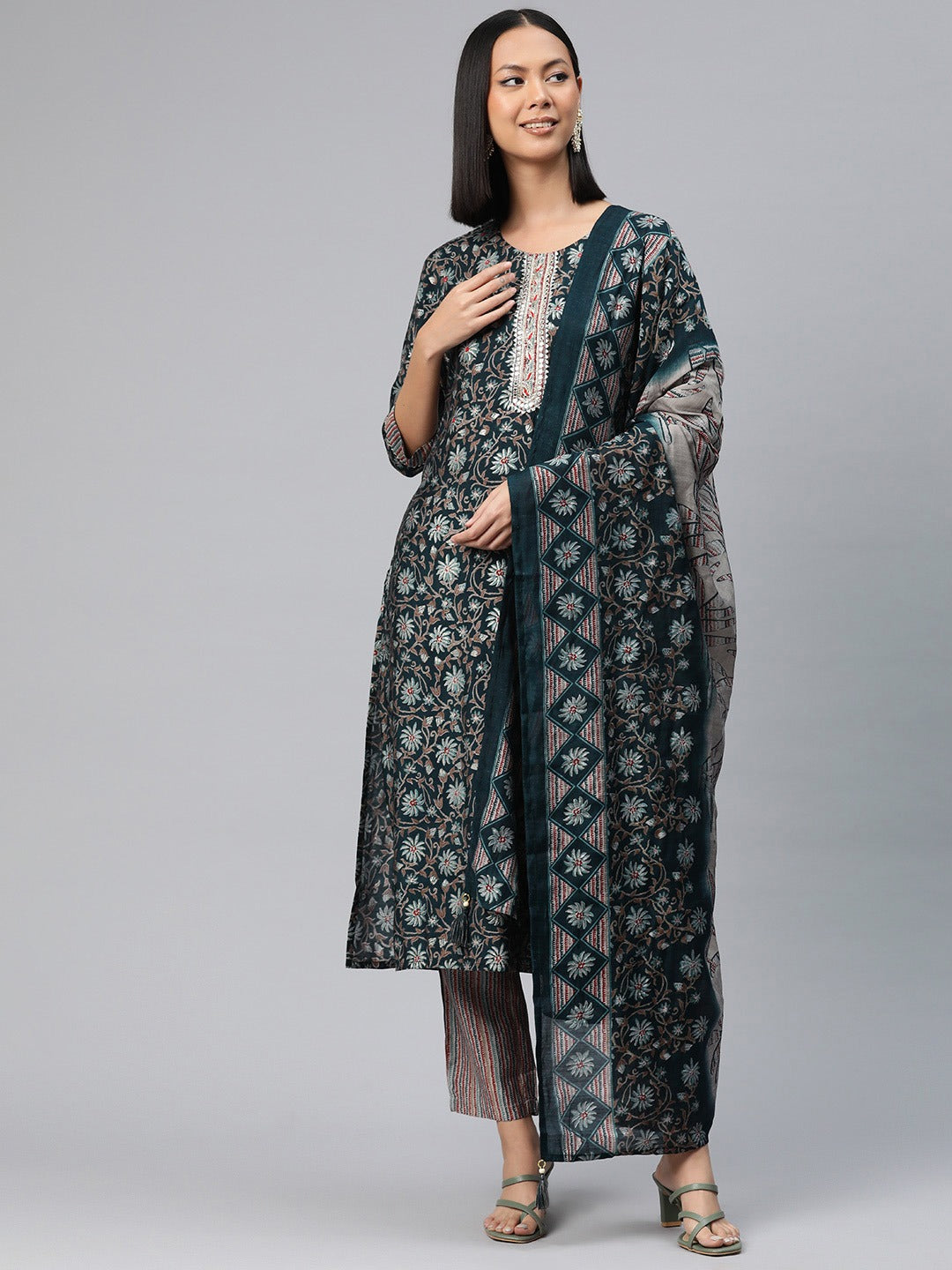 Straight Style Silk Fabric Green Color Printed Kurti With Palazzo And Dupatta With Printed Work