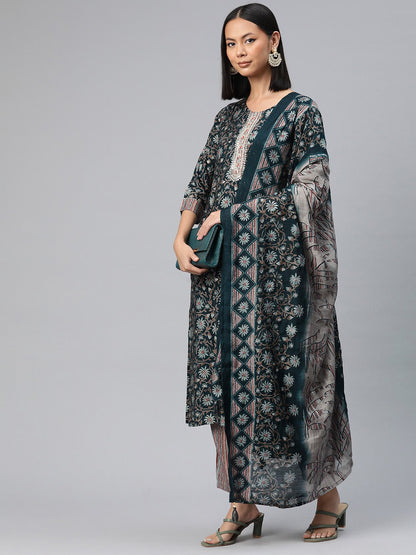 Straight Style Silk Fabric Green Color Printed Kurti With Palazzo And Dupatta With Printed Work