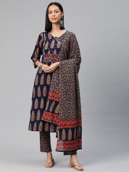 Straight Style Cotton Fabric Navy Blue Color Floral Printed Kurti With Palazzo And Dupatta With Mirror Work