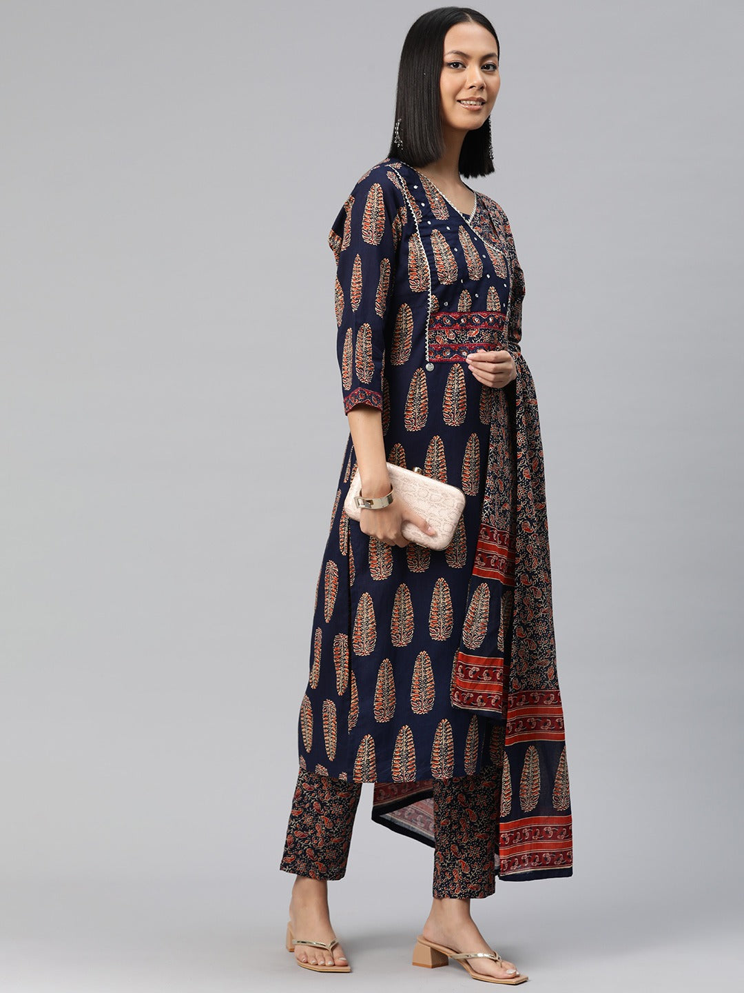 Straight Style Cotton Fabric Navy Blue Color Floral Printed Kurti With Palazzo And Dupatta With Mirror Work