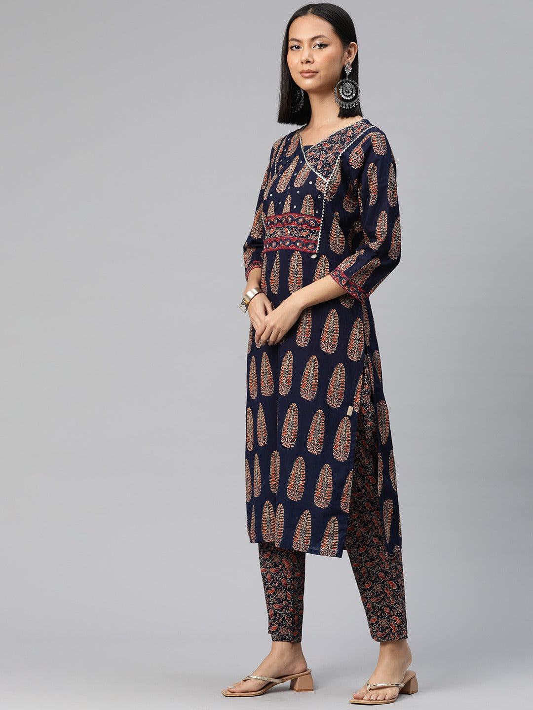 Straight Style Cotton Fabric Navy Blue Color Floral Printed Kurti With Palazzo And Dupatta With Mirror Work