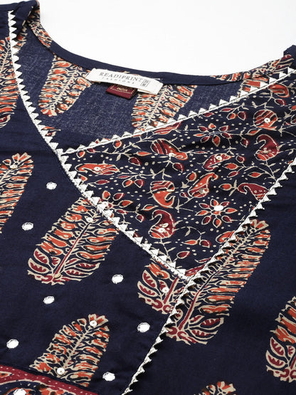 Straight Style Cotton Fabric Navy Blue Color Floral Printed Kurti With Palazzo And Dupatta With Mirror Work