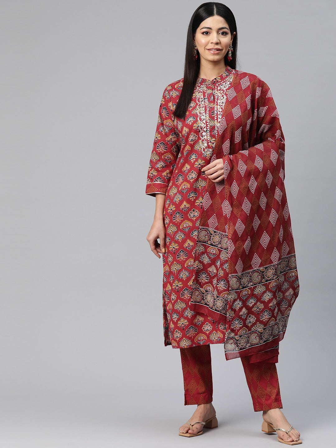 Straight Style Cotton Fabric Red Color Printed Kurti With Palazzo And Dupatta With Printed Work