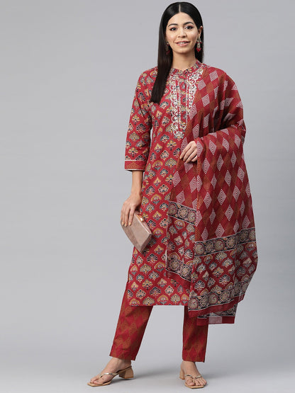 Straight Style Cotton Fabric Red Color Printed Kurti With Palazzo And Dupatta With Printed Work