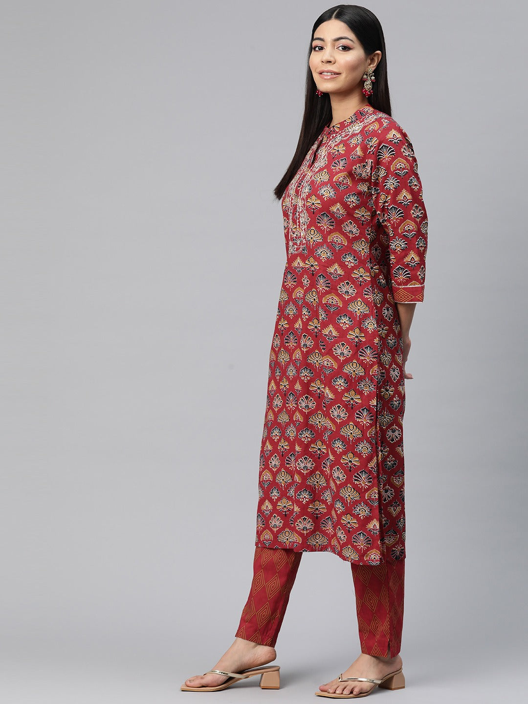 Straight Style Cotton Fabric Red Color Printed Kurti With Palazzo And Dupatta With Printed Work