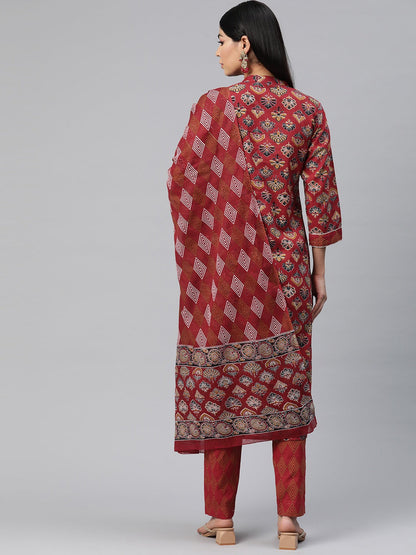 Straight Style Cotton Fabric Red Color Printed Kurti With Palazzo And Dupatta With Printed Work