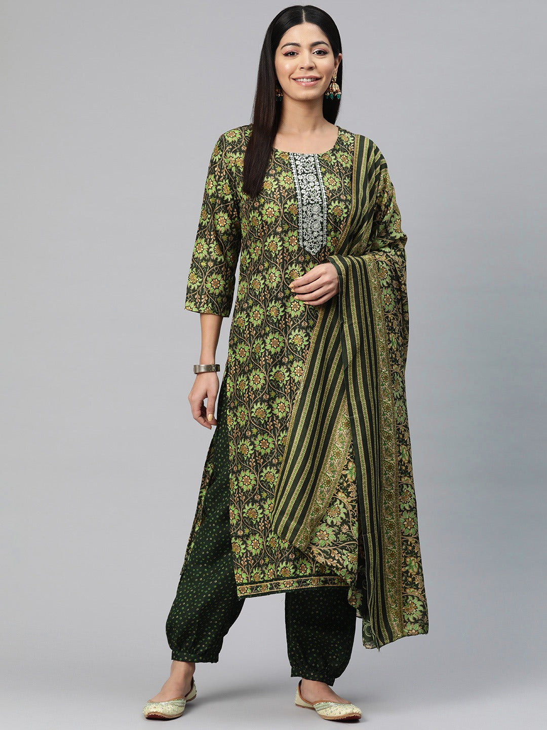 Straight Style Silk Fabric Green Color Printed Kurti With Palazzo And Dupatta With Printed Work