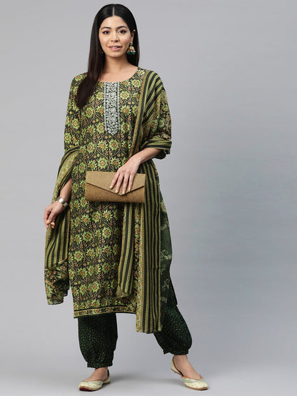 Straight Style Silk Fabric Green Color Printed Kurti With Palazzo And Dupatta With Printed Work