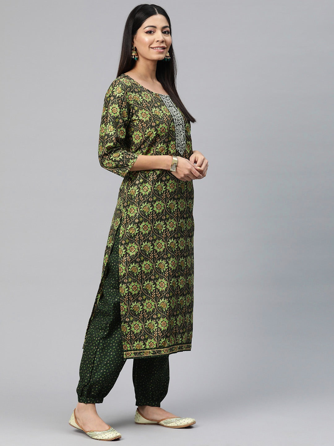 Straight Style Silk Fabric Green Color Printed Kurti With Palazzo And Dupatta With Printed Work