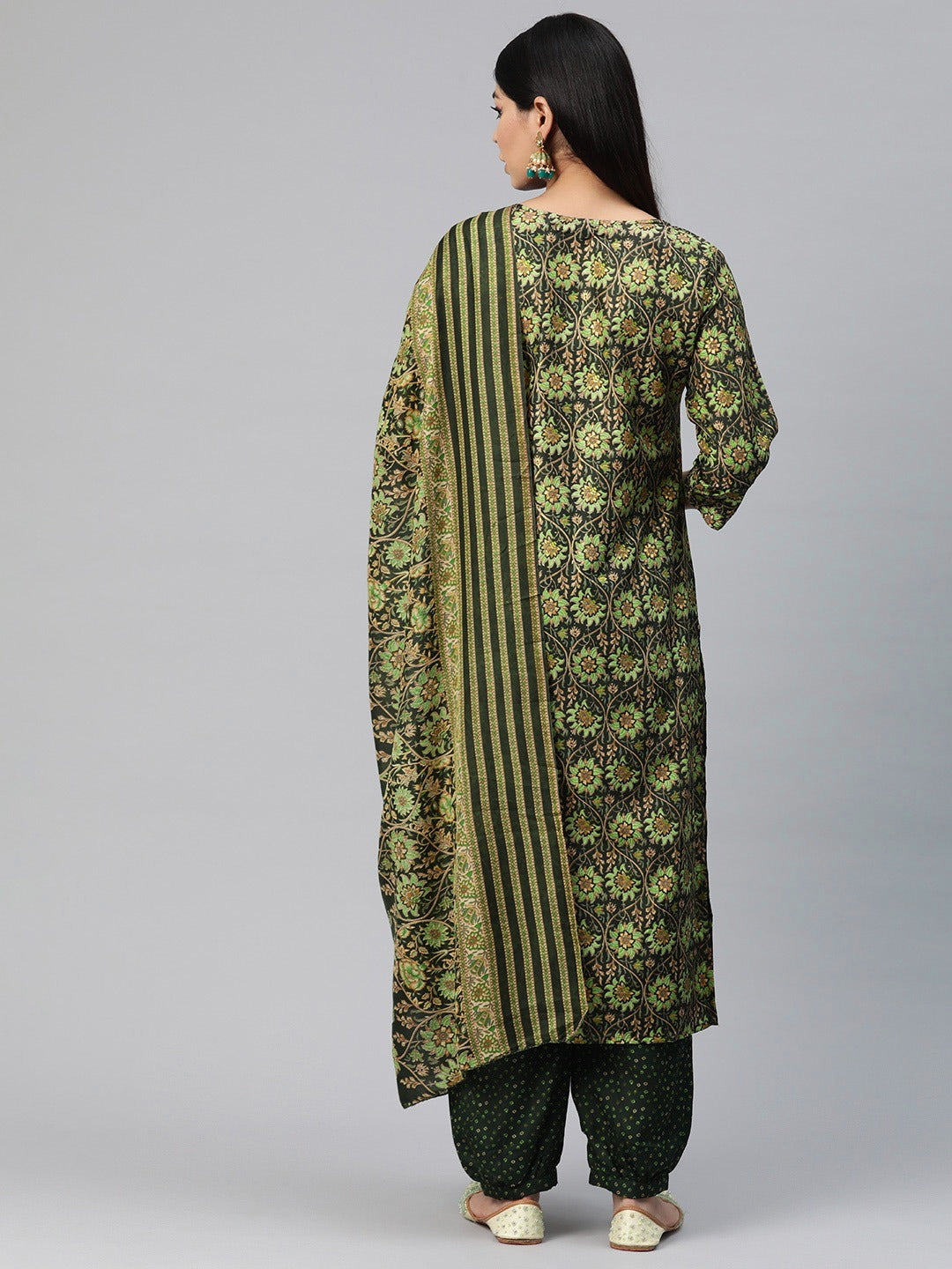 Straight Style Silk Fabric Green Color Printed Kurti With Palazzo And Dupatta With Printed Work