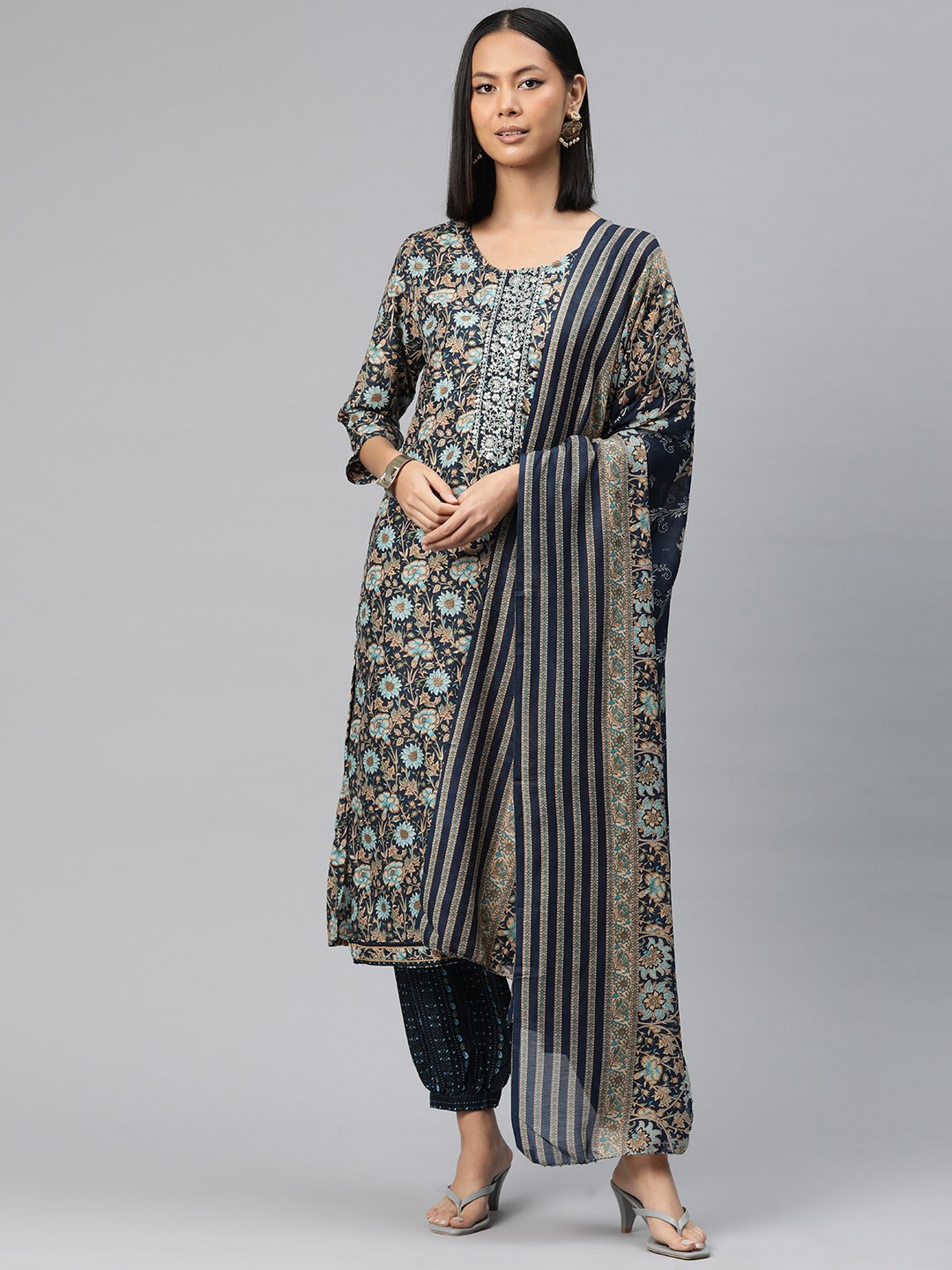 Straight Style Silk Fabric Navy Blue Color Printed Kurti With Palazzo And Dupatta With Printed Work