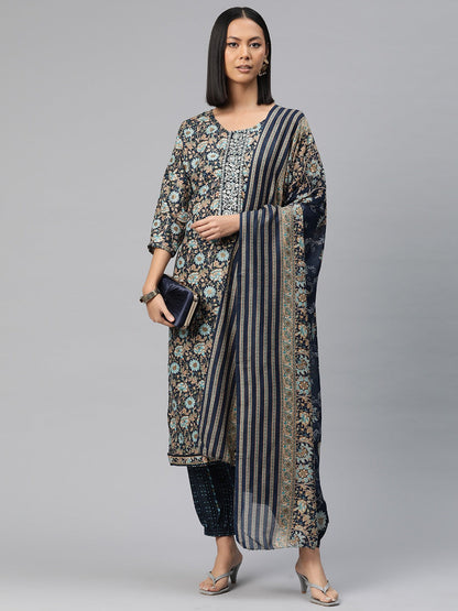 Straight Style Silk Fabric Navy Blue Color Printed Kurti With Palazzo And Dupatta With Printed Work