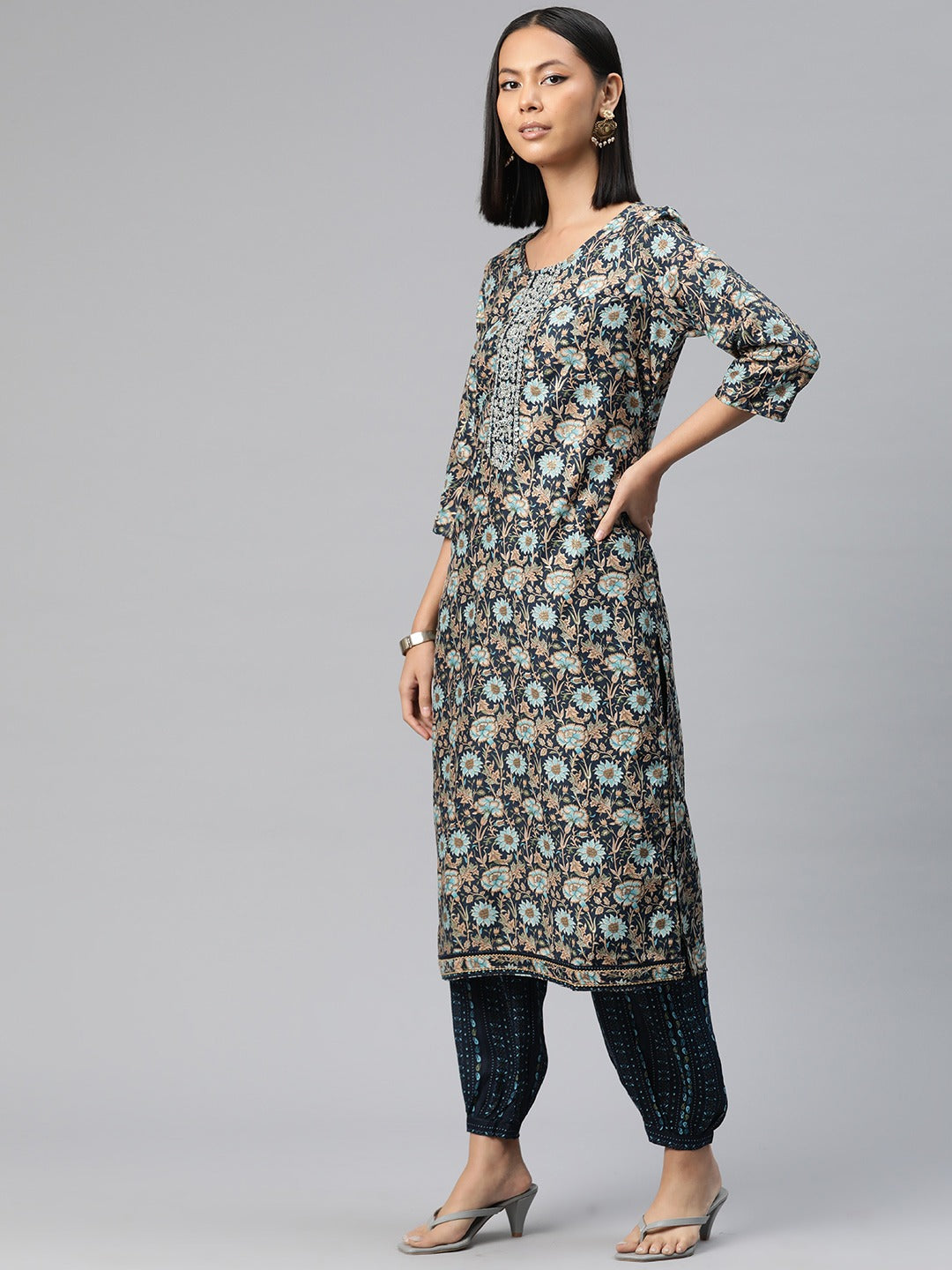 Straight Style Silk Fabric Navy Blue Color Printed Kurti With Palazzo And Dupatta With Printed Work