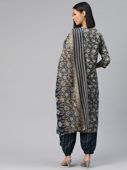 Straight Style Silk Fabric Navy Blue Color Printed Kurti With Palazzo And Dupatta With Printed Work