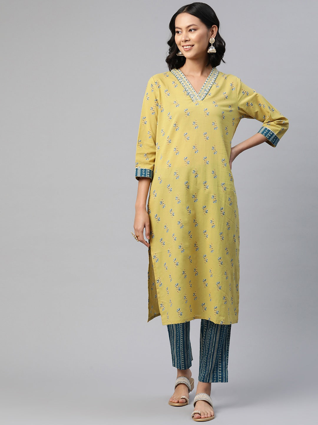 Straight Style Cotton Fabric Yellow Color Floral Printed Kurti With Palazzo