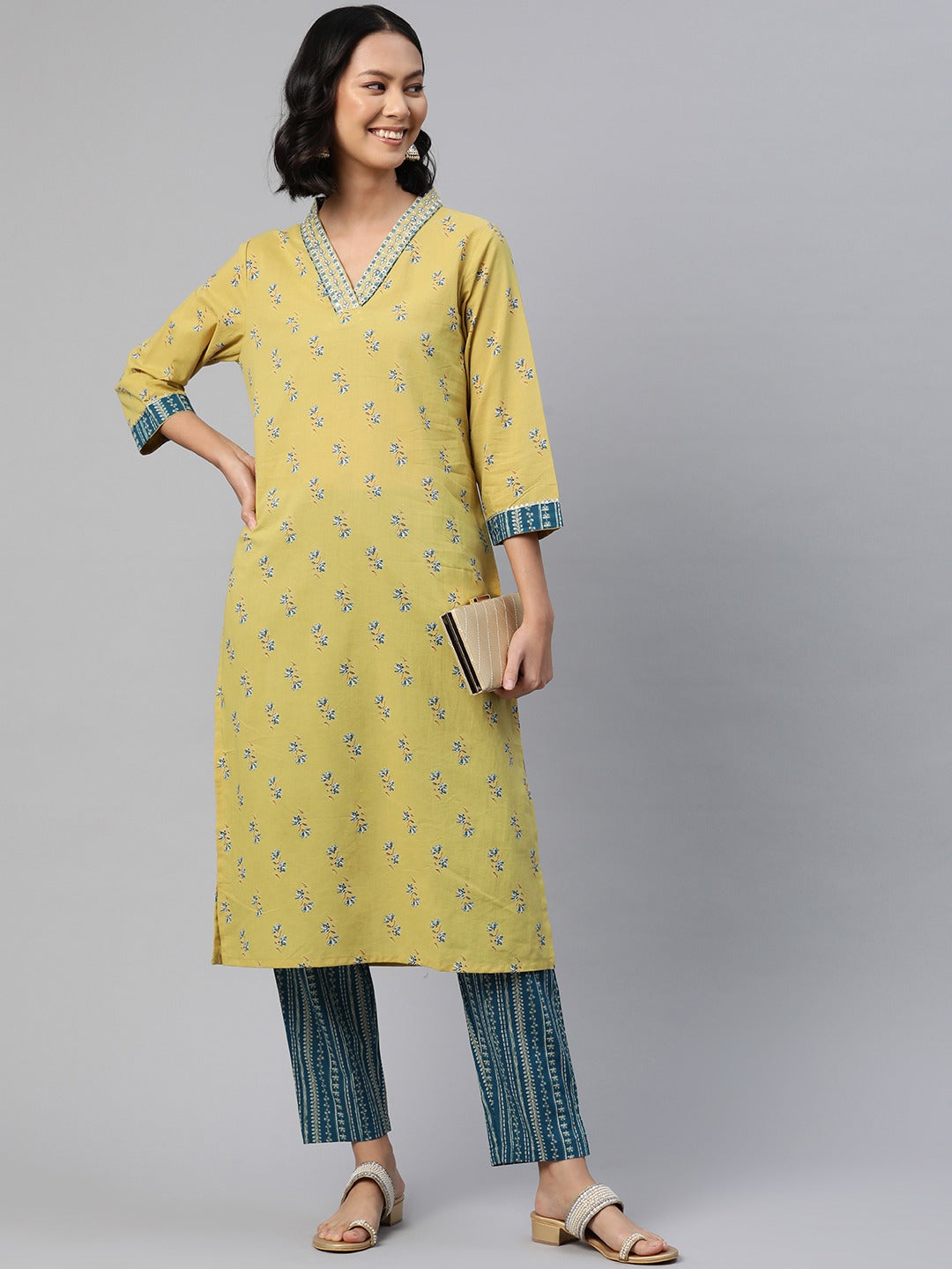 Straight Style Cotton Fabric Yellow Color Floral Printed Kurti With Palazzo