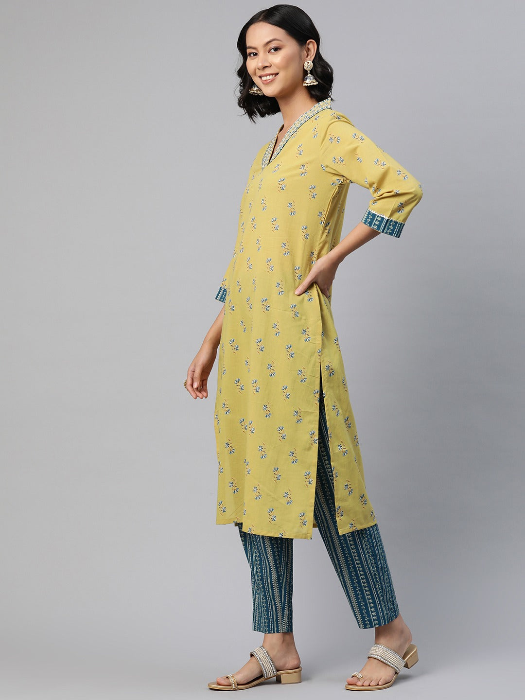 Straight Style Cotton Fabric Yellow Color Floral Printed Kurti With Palazzo