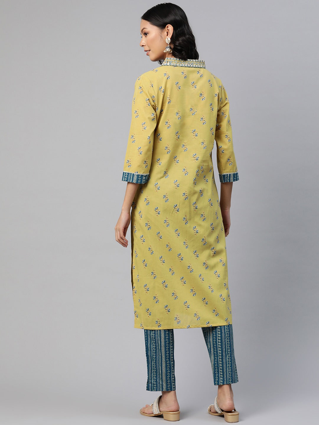 Straight Style Cotton Fabric Yellow Color Floral Printed Kurti With Palazzo