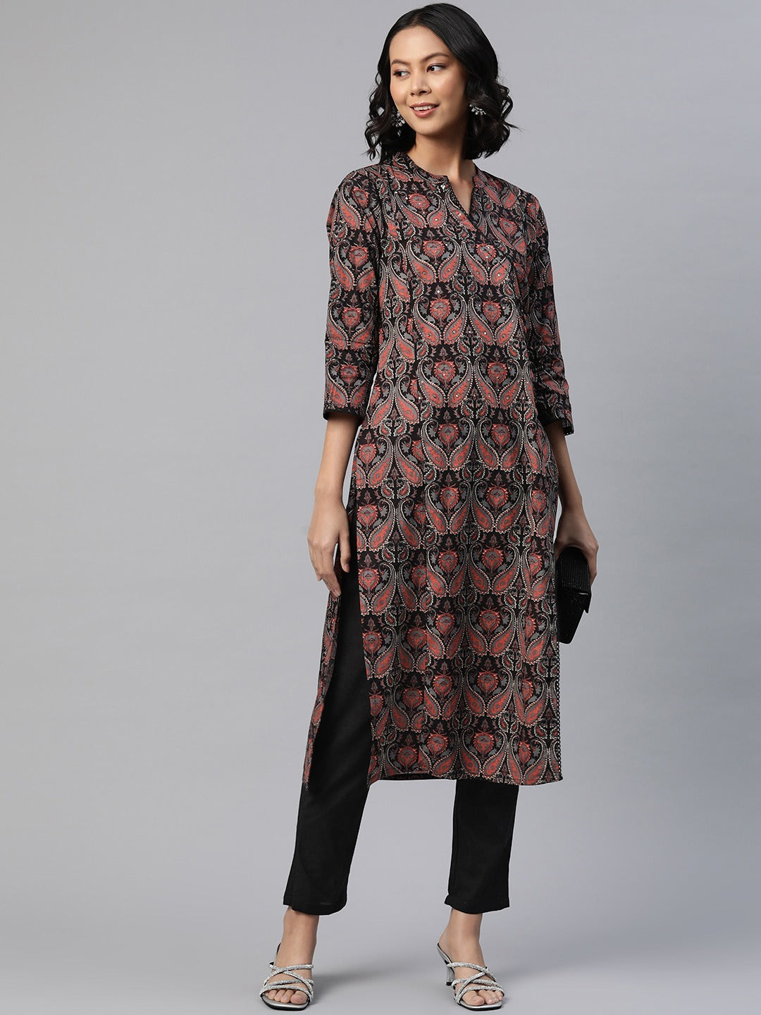 Straight Style Cotton Fabric Grey Color Printed Kurti With Salwar