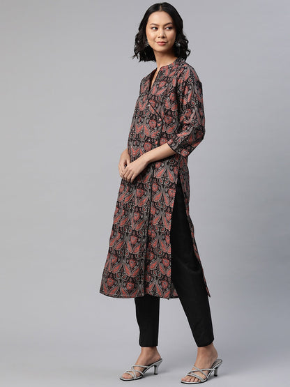 Straight Style Cotton Fabric Grey Color Printed Kurti With Salwar