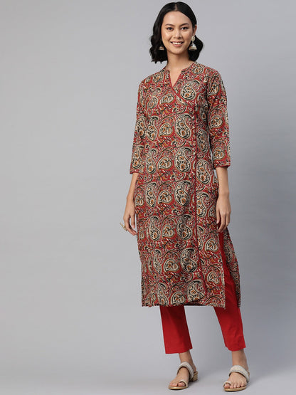 Straight Style Cotton Fabric Red Color Printed Kurti With Salwar