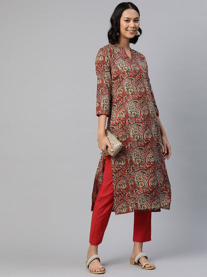 Straight Style Cotton Fabric Red Color Printed Kurti With Salwar