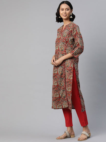 Straight Style Cotton Fabric Red Color Printed Kurti With Salwar