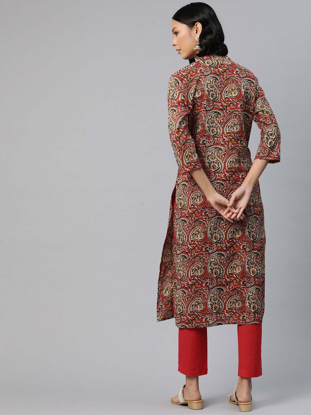 Straight Style Cotton Fabric Red Color Printed Kurti With Salwar