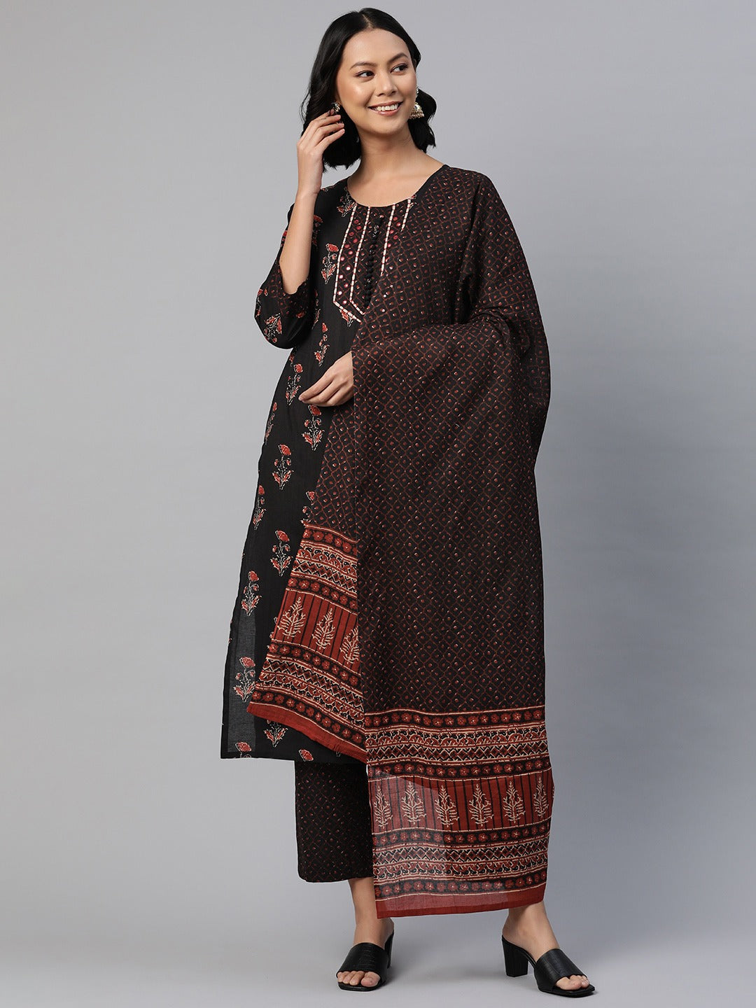 Straight Style Cotton Fabric Black Color Floral Printed Kurti With Palazzo And Dupatta