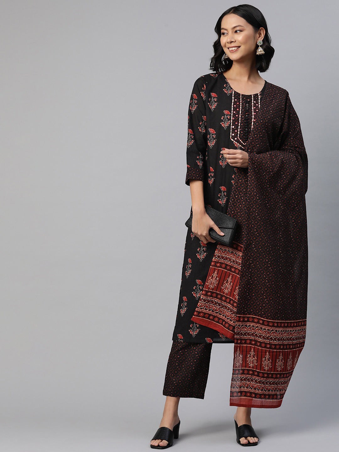 Straight Style Cotton Fabric Black Color Floral Printed Kurti With Palazzo And Dupatta