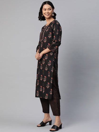 Straight Style Cotton Fabric Black Color Floral Printed Kurti With Palazzo And Dupatta