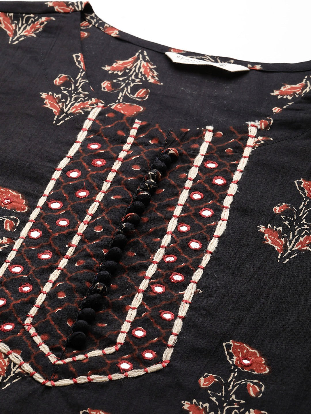 Straight Style Cotton Fabric Black Color Floral Printed Kurti With Palazzo And Dupatta