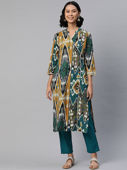 Straight Style Cotton Fabric Mustard Color Printed Kurti With Palazzo