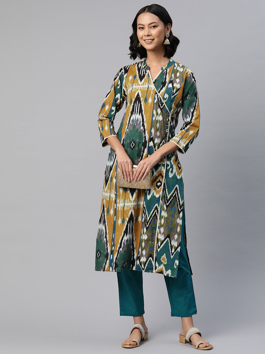 Straight Style Cotton Fabric Mustard Color Printed Kurti With Palazzo