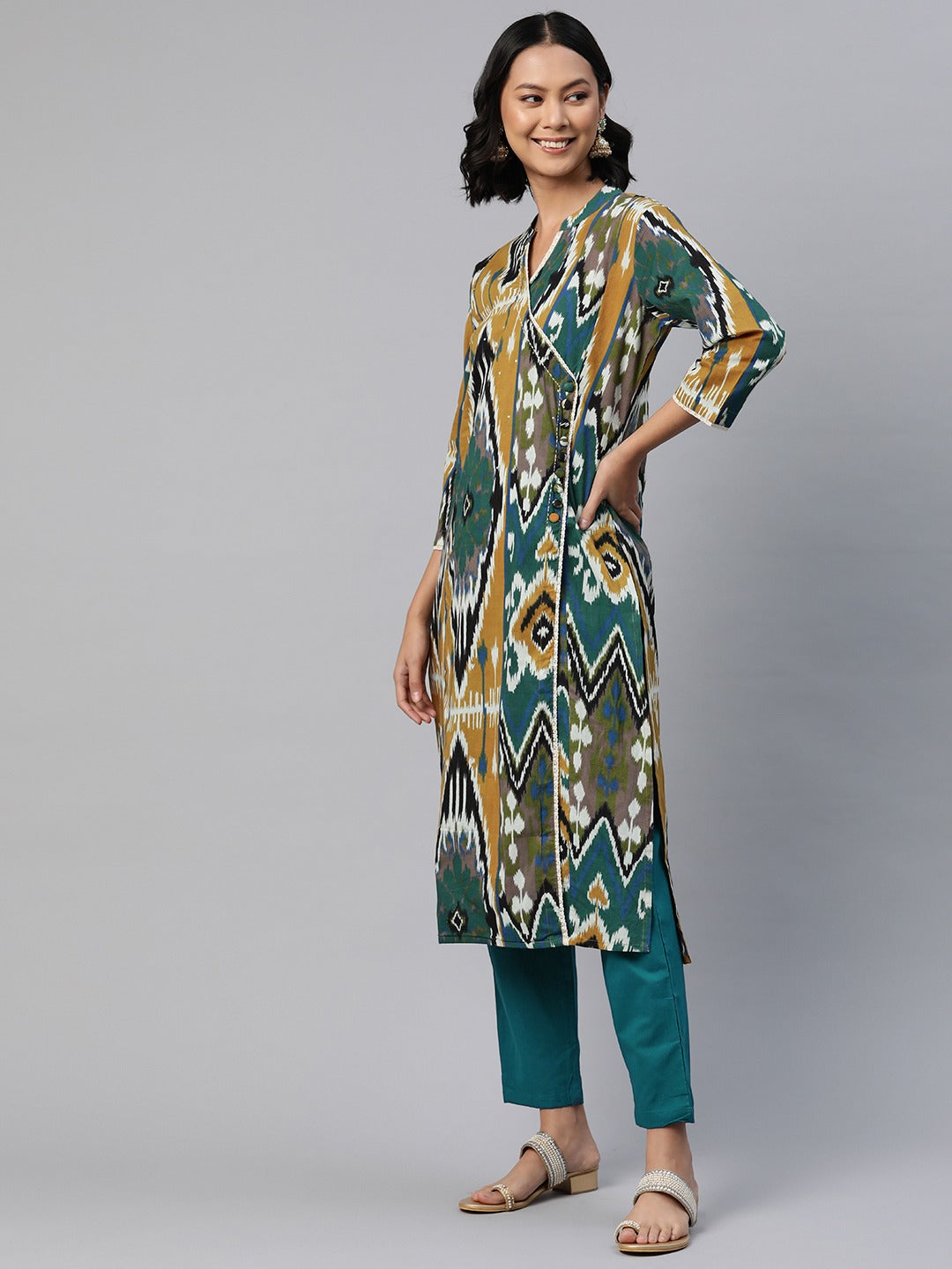 Straight Style Cotton Fabric Mustard Color Printed Kurti With Palazzo