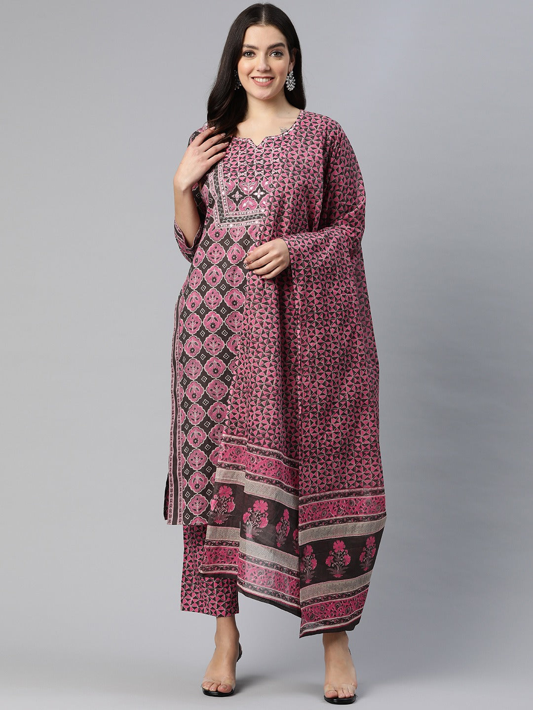 Straight Style Cotton Fabric Pink Color Embroidered Printed Kurti With Palazzo And Dupatta