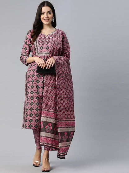 Straight Style Cotton Fabric Pink Color Embroidered Printed Kurti With Palazzo And Dupatta