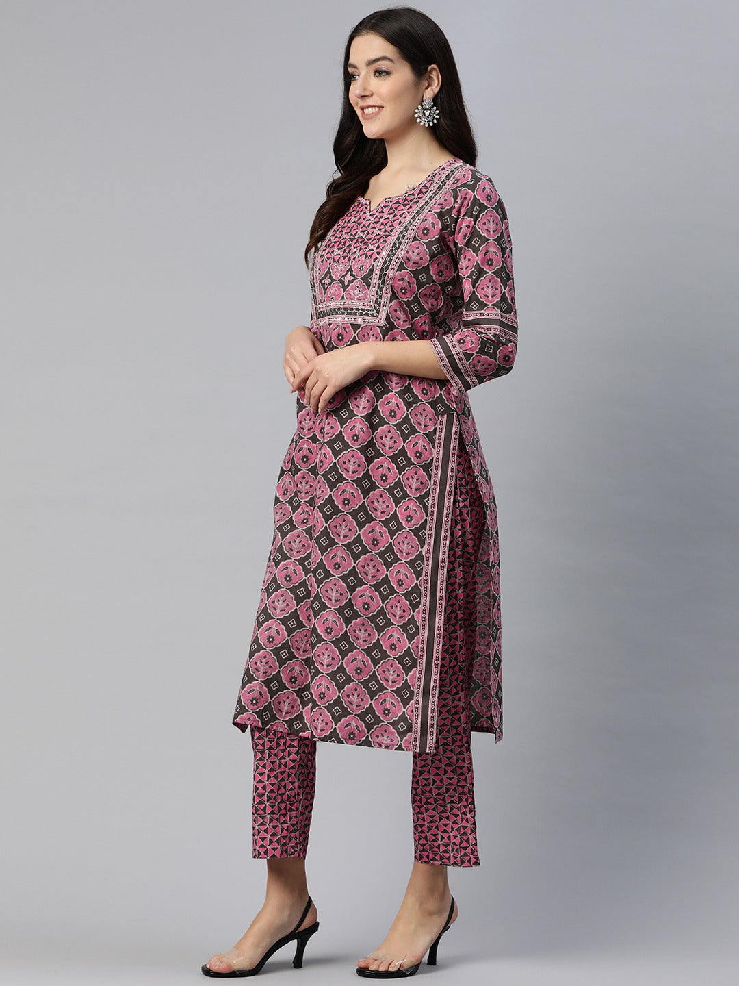 Straight Style Cotton Fabric Pink Color Embroidered Printed Kurti With Palazzo And Dupatta